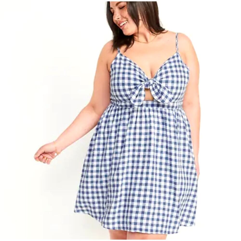 Old Navy Fit & Flare Tie-Front Smocked Printed Mini Gingham Cami Dress Sz L
